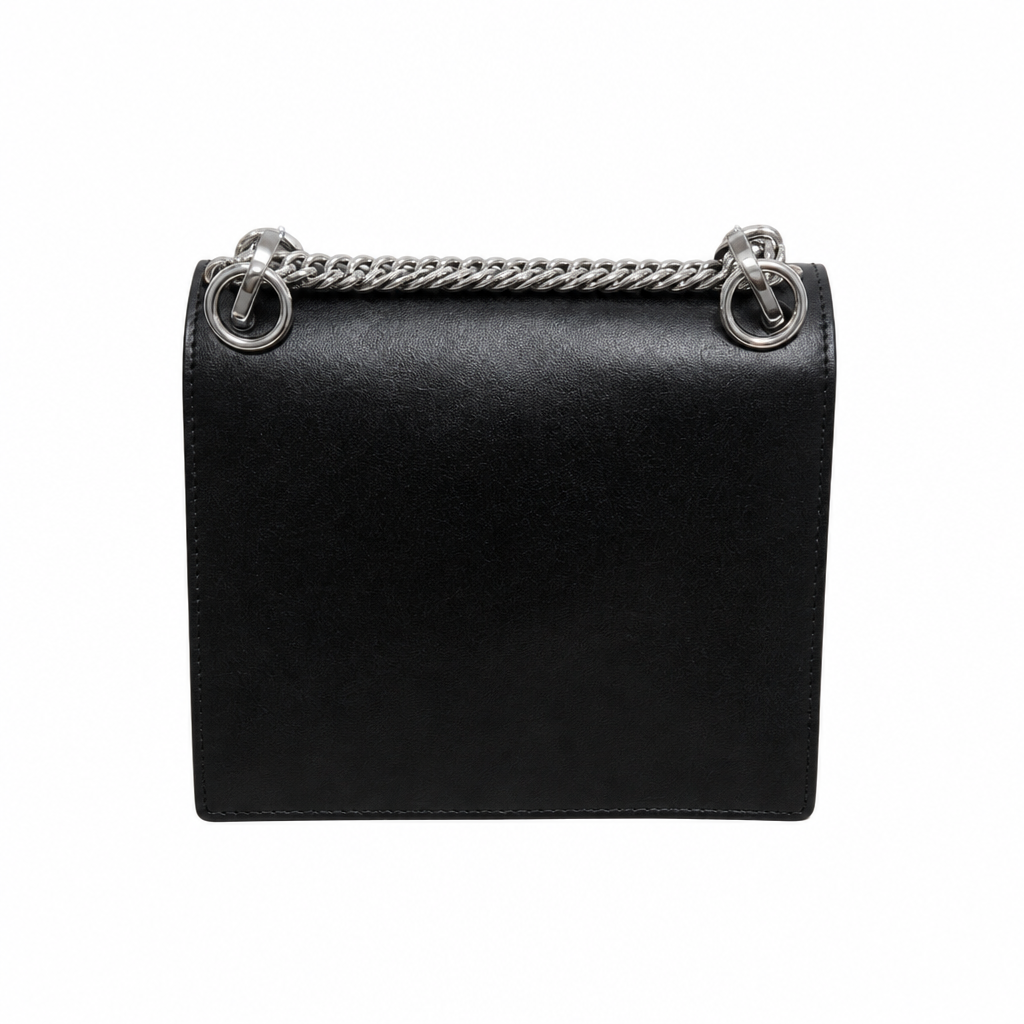 A black leather shoulder bag with a silver chain handle and silver-tone hardware, shown against a plain white background. Pre-Owned Fendi Kan I Monster Eyes Black Leather Chain Shoulder Bag