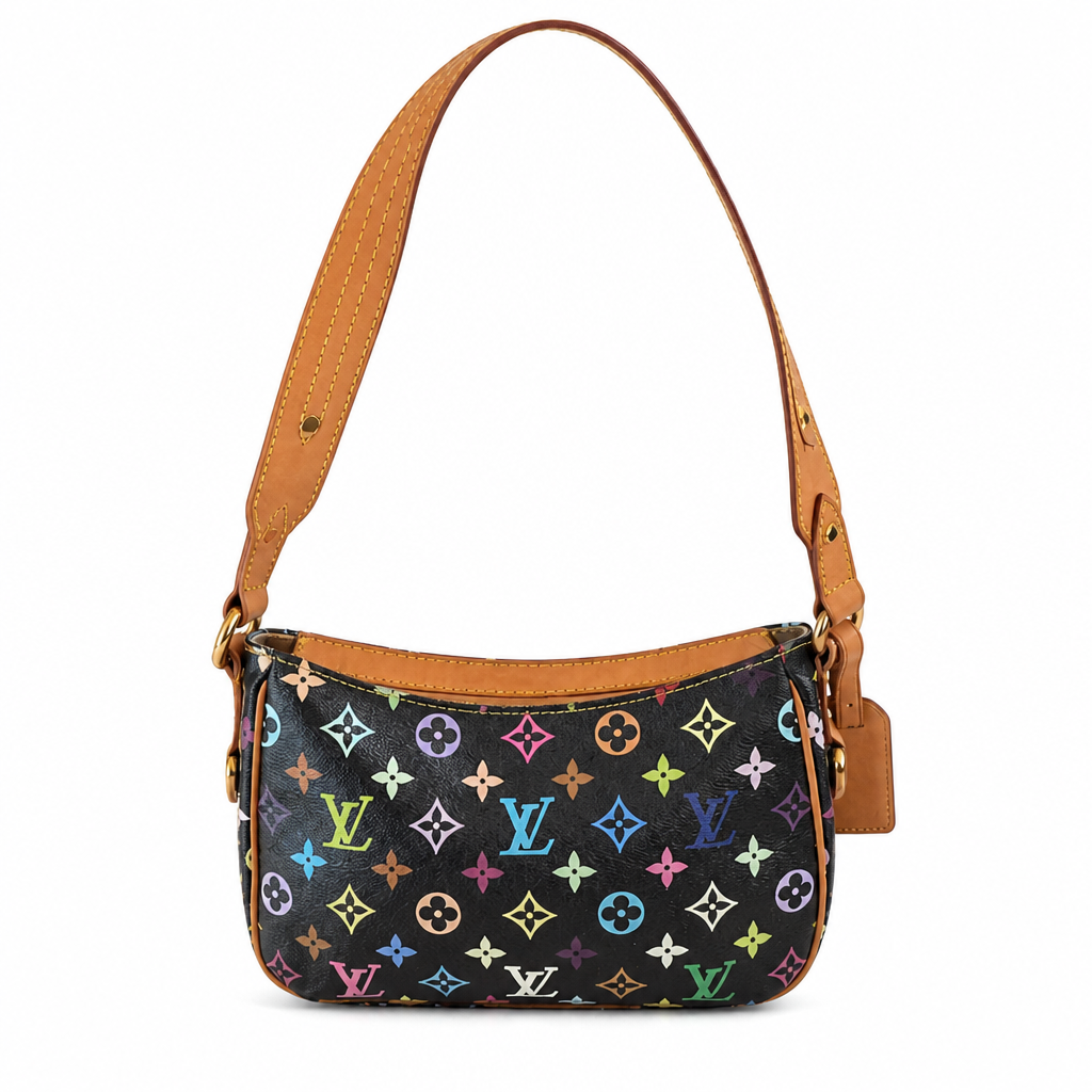 Louis Vuitton monogram canvas shoulder bag with a black background and multicolor LV monogram pattern, featuring tan leather trim and strap. Pre-Owned Louis Vuitton Takashi Murakami Lodge PM Shoulder Bag