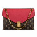 Louis Vuitton flap shoulder bag in monogram canvas with a bright RED leather flap and gold-tone chain strap, shown on a plain white background. Pre-Owned Louis Vuitton Pallas Chain Monogram Canvas Shoulder Bag – Cerise Red – M41201