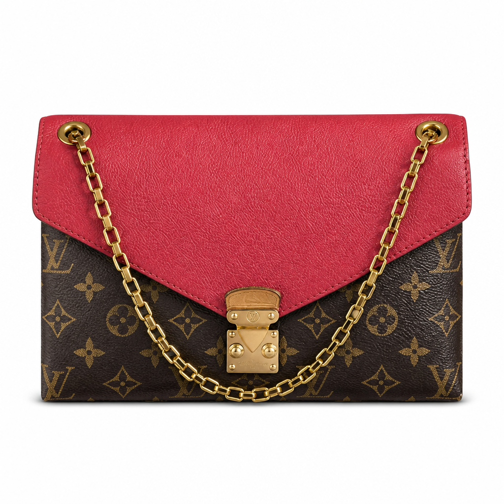 Louis Vuitton flap shoulder bag in monogram canvas with a bright RED leather flap and gold-tone chain strap, shown on a plain white background. Pre-Owned Louis Vuitton Pallas Chain Monogram Canvas Shoulder Bag – Cerise Red – M41201