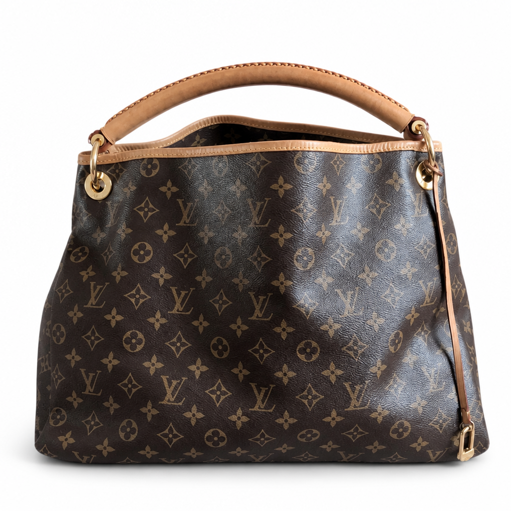 Louis Vuitton monogram canvas shoulder bag with a tan leather handle and trim, gold-tone hardware, and a signature LV monogram pattern on a white background. Pre-Owned Louis Vuitton Artsy MM Monogram Canvas Shoulder Bag 
