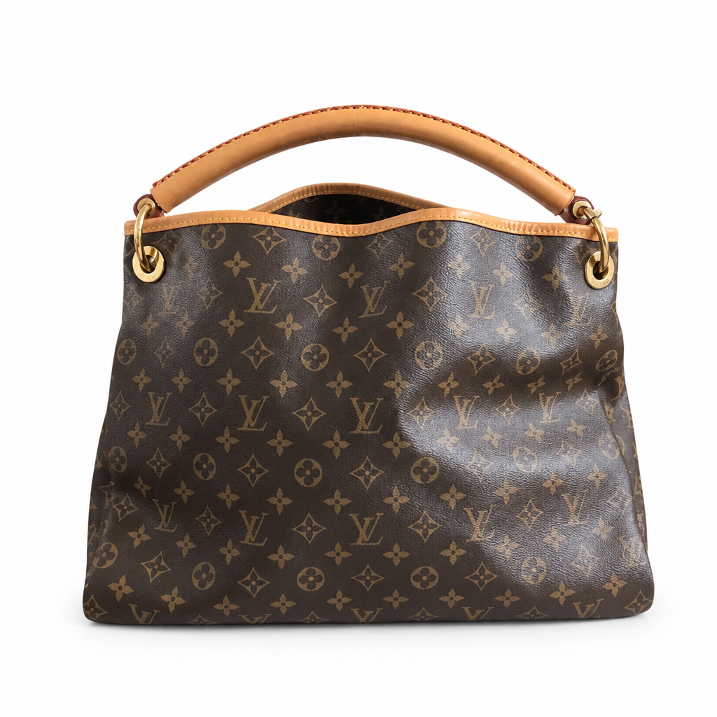 Louis Vuitton monogram canvas shoulder bag with a tan leather top handle and trim, gold-tone hardware, and a dark brown background with tan monogram motifs. Pre-Owned Louis Vuitton Artsy MM Monogram Canvas Shoulder Bag 