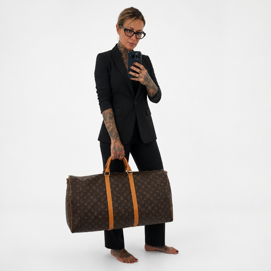 A woman in a black blazer and pants holds a Louis Vuitton monogram duffel bag with tan leather handles against a plain white studio background. Pre-Owned Louis Vuitton Keepall Bandoulière 60 Monogram Travel Bag
