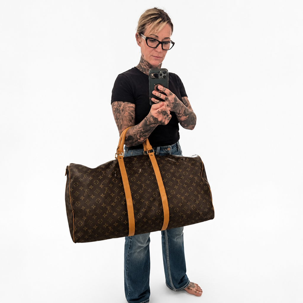 A person holding a large Louis Vuitton monogram duffel bag with tan leather handles, standing against a plain white background and taking a mirror-style photo with a phone.  Pre-Owned Louis Vuitton Keepall Bandoulière 60 Monogram Travel Bag