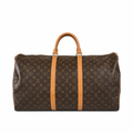 A Louis Vuitton monogram canvas duffel bag with tan leather handles and side straps, shown against a plain white background. Pre-Owned Louis Vuitton Keepall Bandoulière 60 Monogram Travel Bag