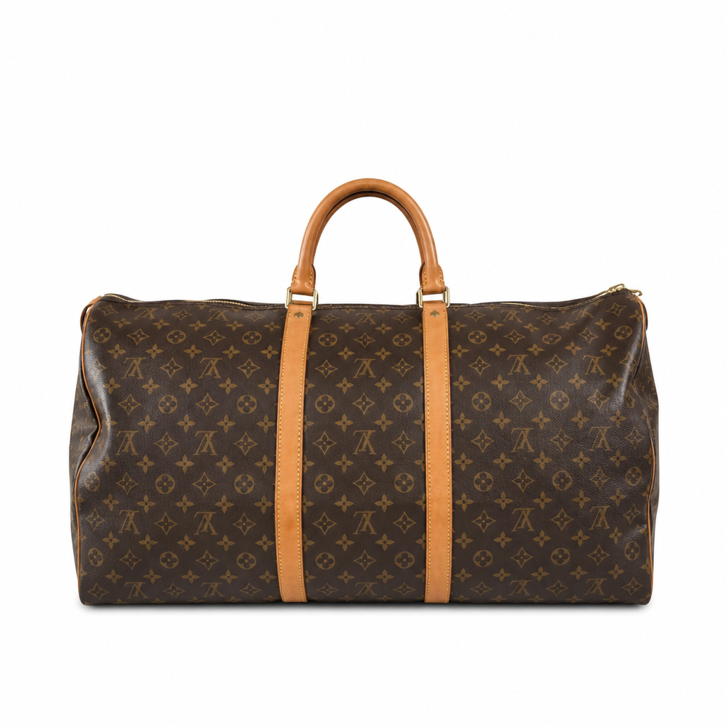 A Louis Vuitton monogram canvas duffel bag with tan leather handles and side straps, shown against a plain white background. Pre-Owned Louis Vuitton Keepall Bandoulière 60 Monogram Travel Bag