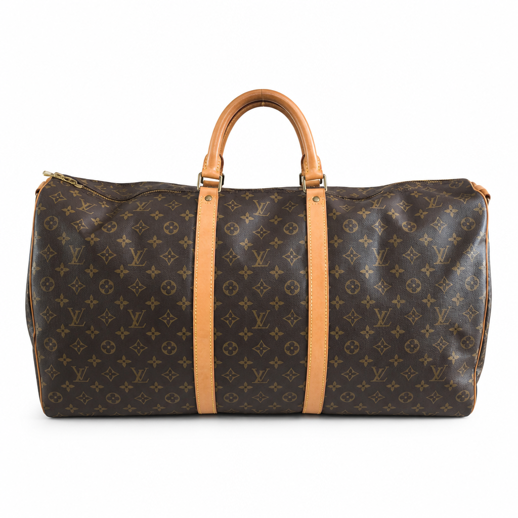 A Louis Vuitton monogram canvas duffel bag with tan leather handles and side straps, shown against a plain white background. Pre-Owned Louis Vuitton Keepall Bandoulière 60 Monogram Travel Bag