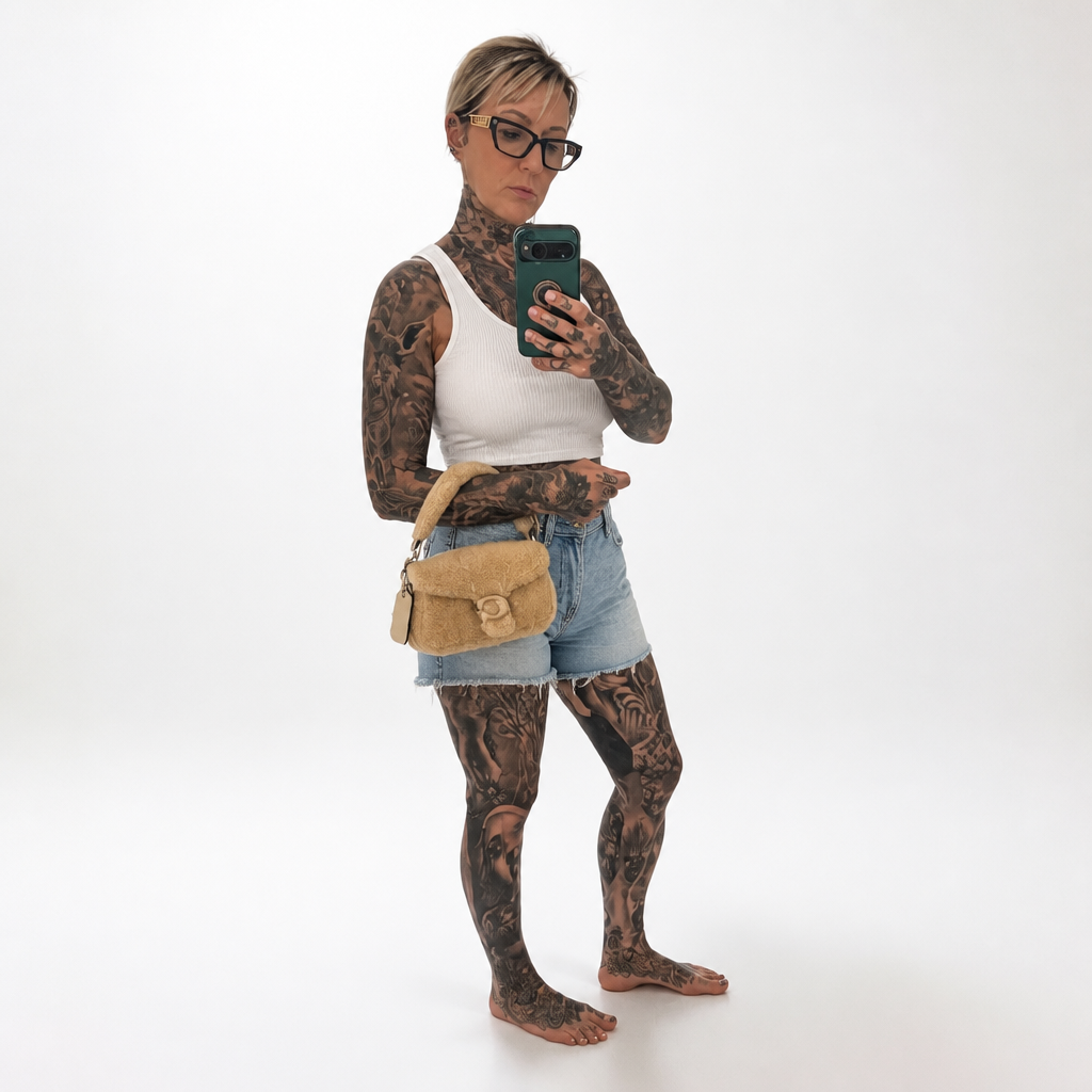 A tattooed woman takes a mirror selfie wearing a white tank top, denim shorts, and a tan shoulder bag against a plain white studio background. Pre-Owned Coach Tabby 18 Shearling Shoulder / Crossbody Bag – Cream