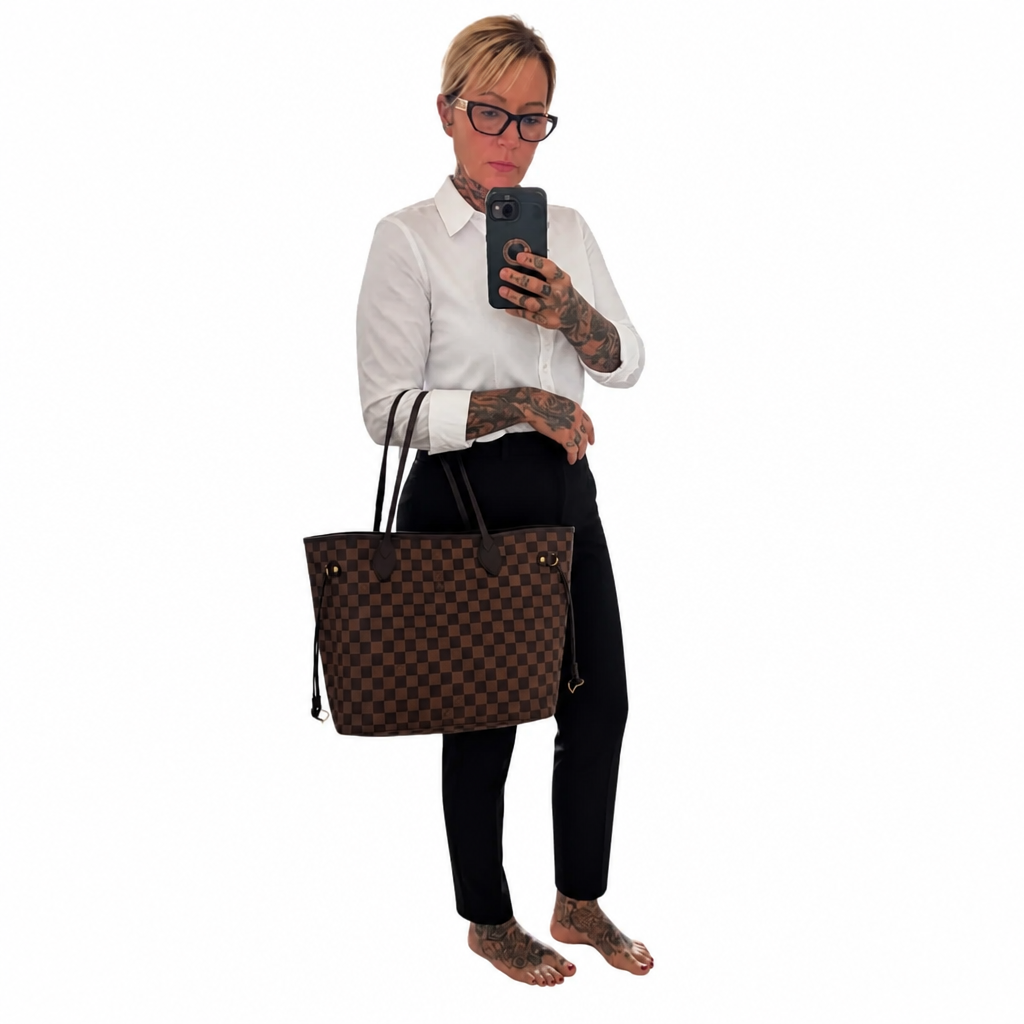 A woman holding a brown checkered tote bag, wearing a white button-down shirt, black pants, and glasses, holding a black smartphone to take a mirror selfie against a solid white background. Pre-Owned Louis Vuitton Neverfull MM Damier Ebene, Cerise Red