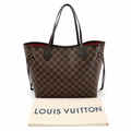 A Louis Vuitton Neverfull tote bag in Damier Ebene canvas, displayed with its cream-colored dust bag on a white background. Pre-Owned Louis Vuitton Neverfull MM Damier Ebene, Cerise Red