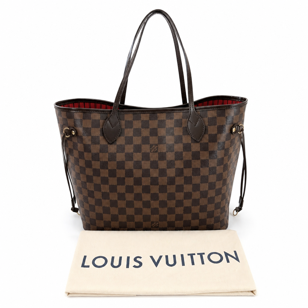A Louis Vuitton Neverfull tote bag in Damier Ebene canvas, displayed with its cream-colored dust bag on a white background. Pre-Owned Louis Vuitton Neverfull MM Damier Ebene, Cerise Red