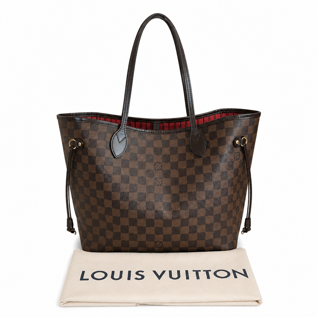 A Louis Vuitton Neverfull tote bag in Damier Ebene canvas, displayed with its cream-colored dust bag on a white background. Pre-Owned Louis Vuitton Neverfull MM Damier Ebene, Cerise Red