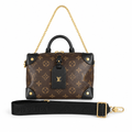Louis Vuitton monogram canvas top-handle handbag with black leather trim, gold-tone hardware, a detachable black shoulder strap, and a black luggage tag on a white background. Pre-Owned Louis Vuitton Petite Malle Souple Monogram Bag