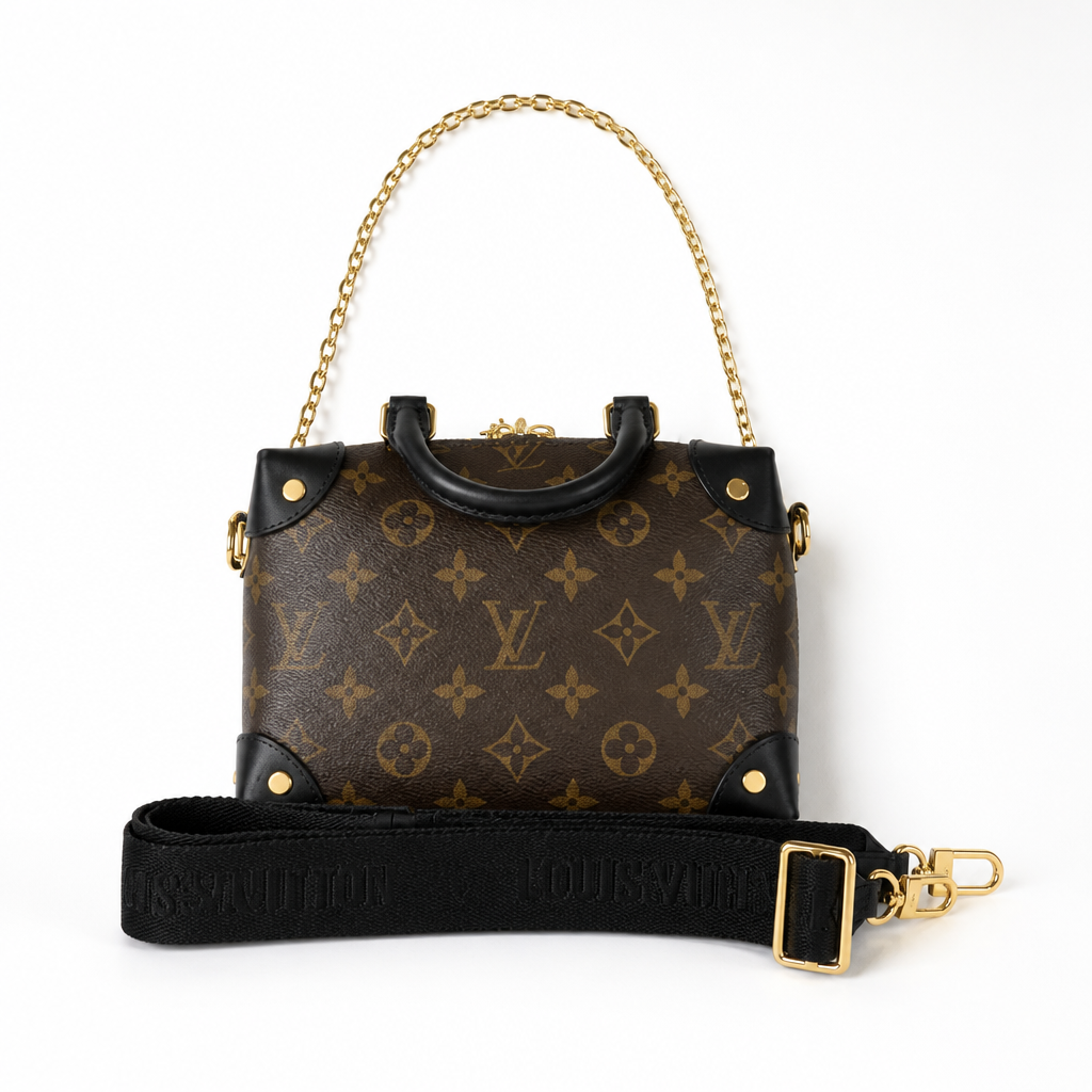 Louis Vuitton mini top-handle handbag in brown monogram canvas with black leather trim, a gold-tone chain handle, and a detachable black fabric shoulder strap with gold hardware, shown on a white background. Pre-Owned Louis Vuitton Petite Malle Souple Monogram Bag