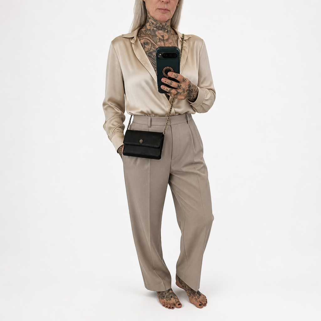 A woman modeling a beige satin long-sleeve button-up shirt and matching beige trousers, styled with a small black crossbody bag and a black phone, against a plain white studio background. Pre-Owned Chanel Vintage Black Caviar Leather Wallet with Added Chain