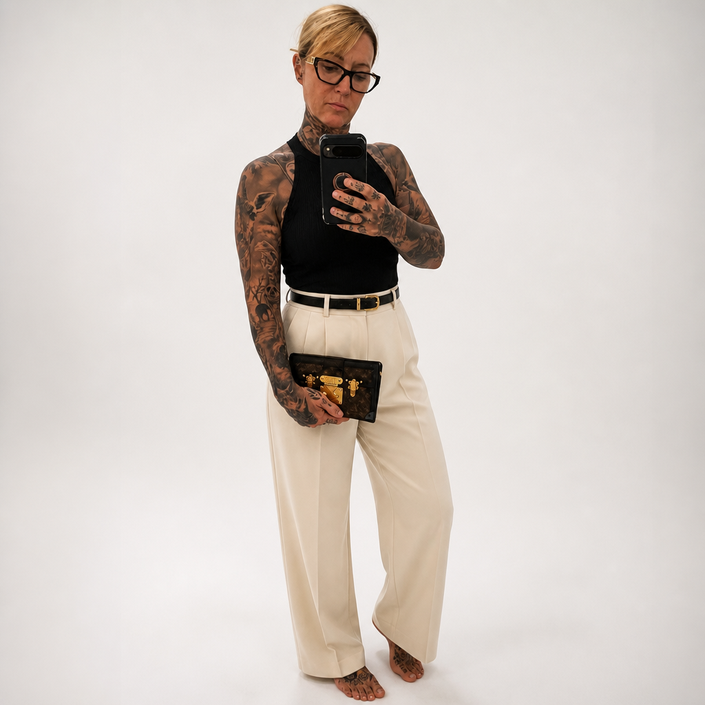 A tattooed woman takes a mirror selfie wearing a black sleeveless top, cream wide-leg trousers with a black belt, and holding a black clutch with a gold pattern. She is standing against a plain white studio background. Pre-Owned Louis Vuitton Petite Malle Monogram Canvas Crossbody Bag