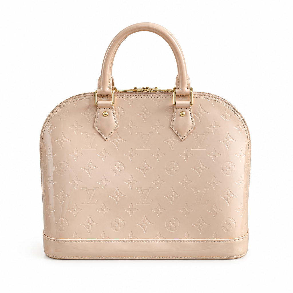 A beige Louis Vuitton monogram coated canvas handbag with gold-tone hardware, featuring dual top handles and a structured dome shape, set against a plain white background. Pre-Owned Louis Vuitton Alma PM Monogram Vernis – Beige Poudre