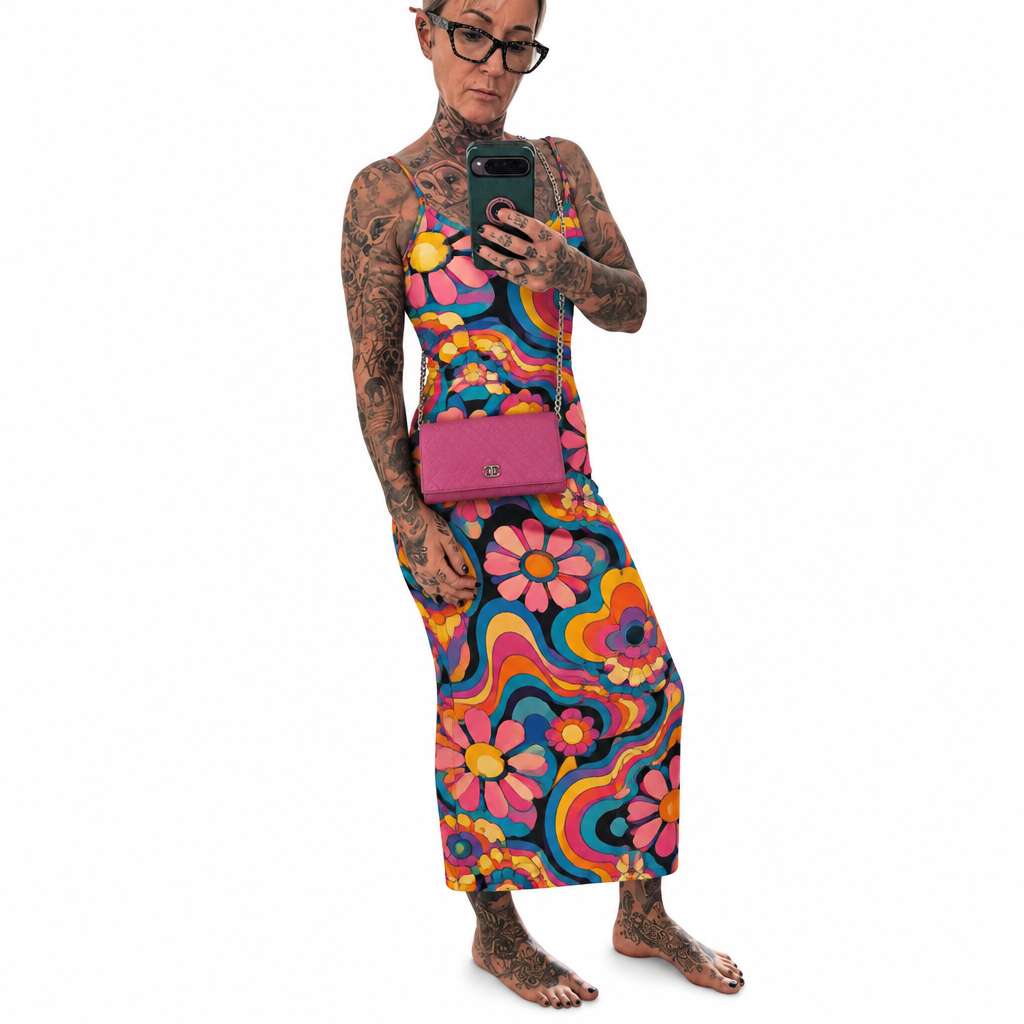 A tattooed woman takes a mirror selfie wearing a sleeveless, high-neck maxi dress with a vibrant 1970s-style psychedelic floral and swirl pattern in pink, orange, yellow, blue, and green. She is holding a pink handbag and wearing glasses, set against a plain white background. Pre-Owned Chanel Quilted Wallet on Chain WOC – Pink/Purple Lambskin – Silver Hardware