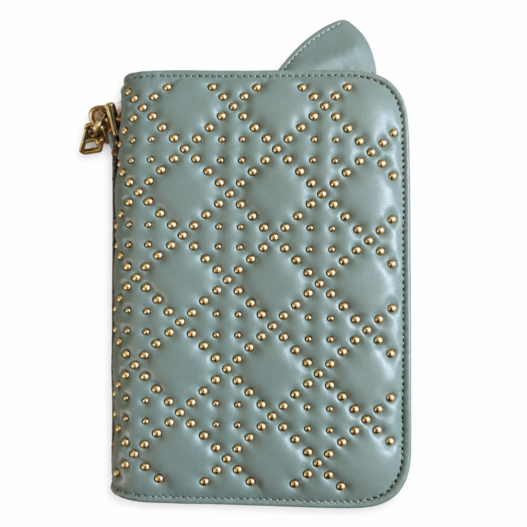 A light sage green quilted zip-around pouch decorated with gold-tone studs, shown against a plain white background. Pre-Owned Christian Dior Small DiorAddict Cannage Studded Flap Bag – Light Blue Lambskin