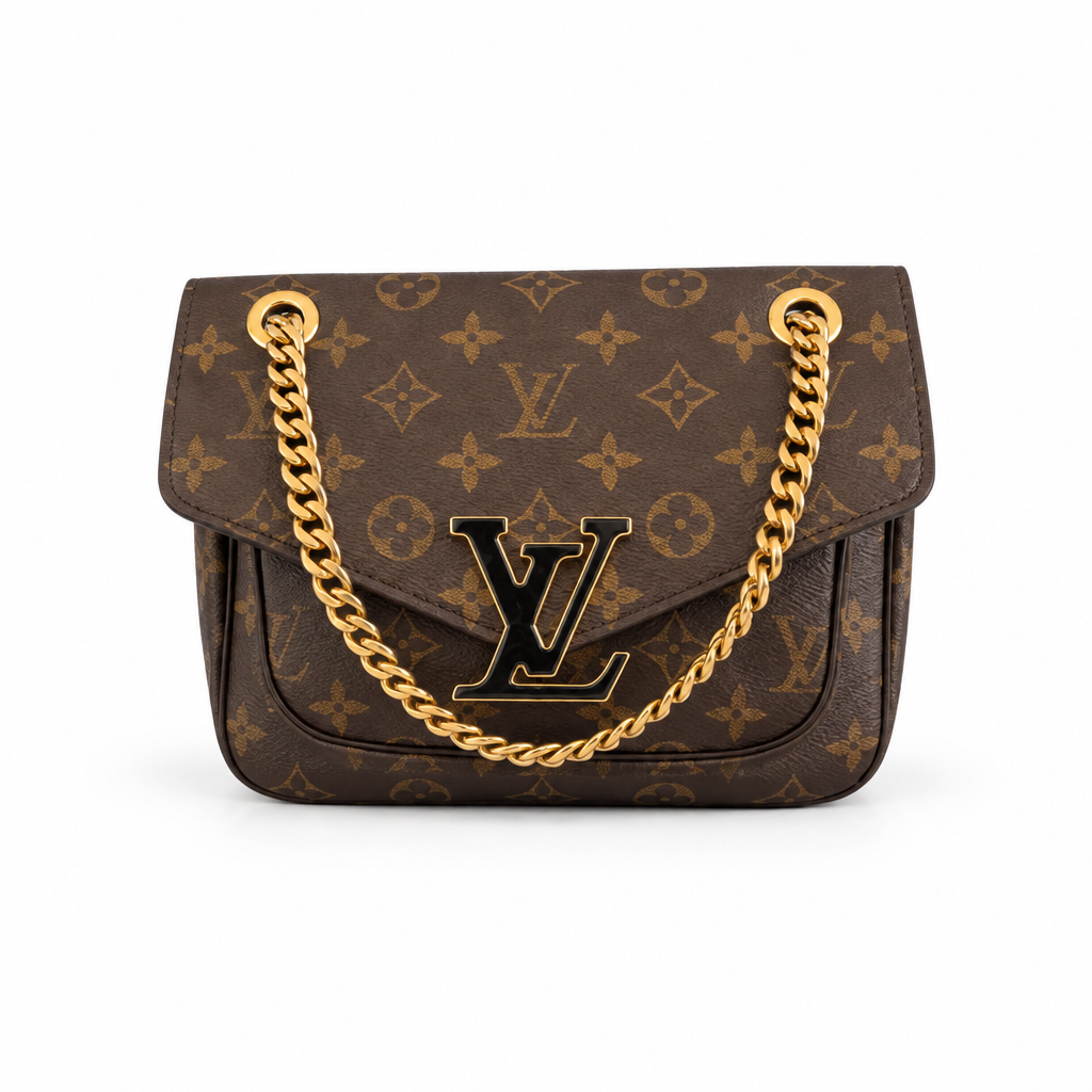 Louis Vuitton monogram canvas shoulder bag with a gold chain strap and a large black LV logo on the front flap, shown against a plain white background. Pre-Owned Louis Vuitton Passy Monogram Shoulder Bag – Burgundy Interior