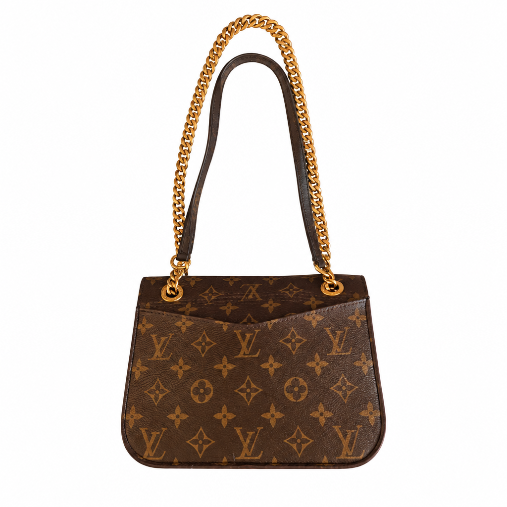 Louis Vuitton monogram canvas shoulder bag with a gold chain strap and dark brown leather handle, shown against a plain white background. Pre-Owned Louis Vuitton Passy Monogram Shoulder Bag – Burgundy Interior