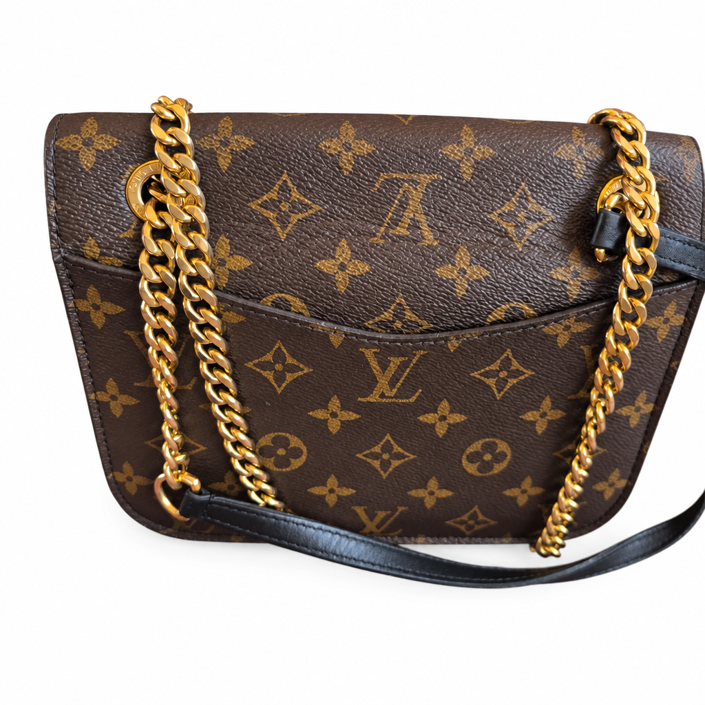 Louis Vuitton monogram canvas shoulder bag with gold-tone chain straps and a black leather strap, shown on a plain white background. Pre-Owned Louis Vuitton Passy Monogram Shoulder Bag – Burgundy Interior