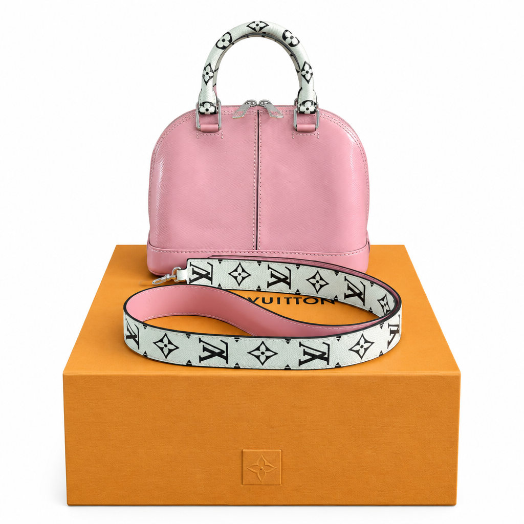 A pink leather handbag with a white monogram strap, displayed on top of an orange Louis Vuitton box against a white background. Pre-Owned LOUIS VUITTON ALMA BB – ROSE BLUSH MONOGRAM VERNIS MIROIR