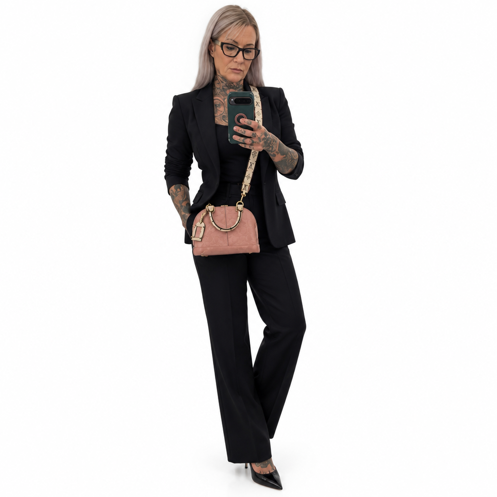 A woman with gray hair and tattoos takes a mirror-style selfie while wearing a black pantsuit, black top, and black heels, and carrying a pink crossbody bag with a patterned strap and gold-tone hardware against a plain white background. Pre-Owned LOUIS VUITTON ALMA BB – ROSE BLUSH MONOGRAM VERNIS MIROIR
