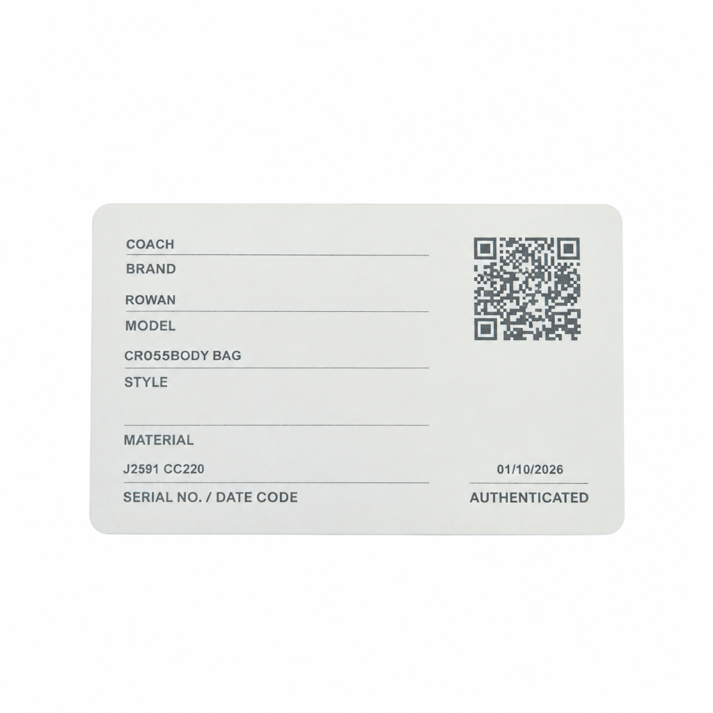A light gray rectangular authentication card with black printed text fields, a QR code, and an 'AUTHENTICATED' stamp, shown on a plain white background. Pre-Owned Coach Rowan Cherry Print Leather Crossbody / Mini Satchel – Chalk Multi