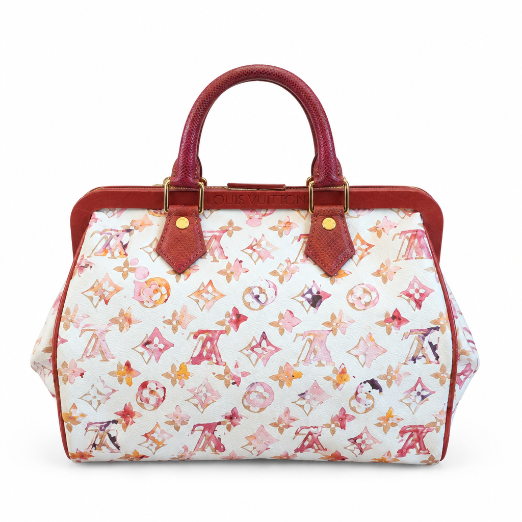 A Louis Vuitton Speedy bag in their signature multicolor floral monogram canvas, featuring reddish-brown leather handles and trim with gold-tone hardware, set against a plain white background. Pre-Owned Louis Vuitton x Richard Prince Limited Edition Monogram Aquarelle Watercolor Frame Speedy 30 – 2008