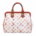 Louis Vuitton Speedy handbag featuring a white canvas body covered in a pink, orange, and brown watercolor-style monogram print, with reddish-brown leather trim and top handles. Pre-Owned Louis Vuitton x Richard Prince Limited Edition Monogram Aquarelle Watercolor Frame Speedy 30 – 2008