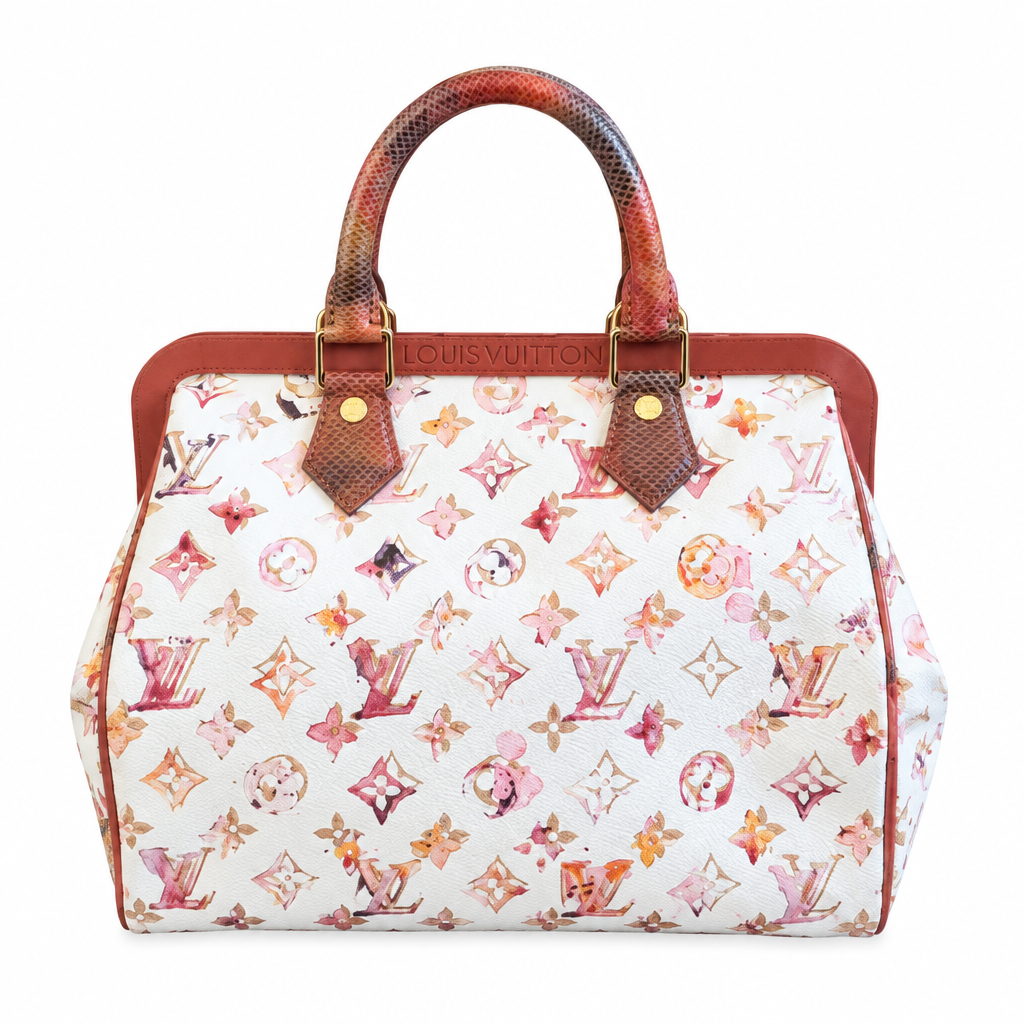 Louis Vuitton Speedy handbag featuring a white canvas body covered in a pink, orange, and brown watercolor-style monogram print, with reddish-brown leather trim and top handles. Pre-Owned Louis Vuitton x Richard Prince Limited Edition Monogram Aquarelle Watercolor Frame Speedy 30 – 2008