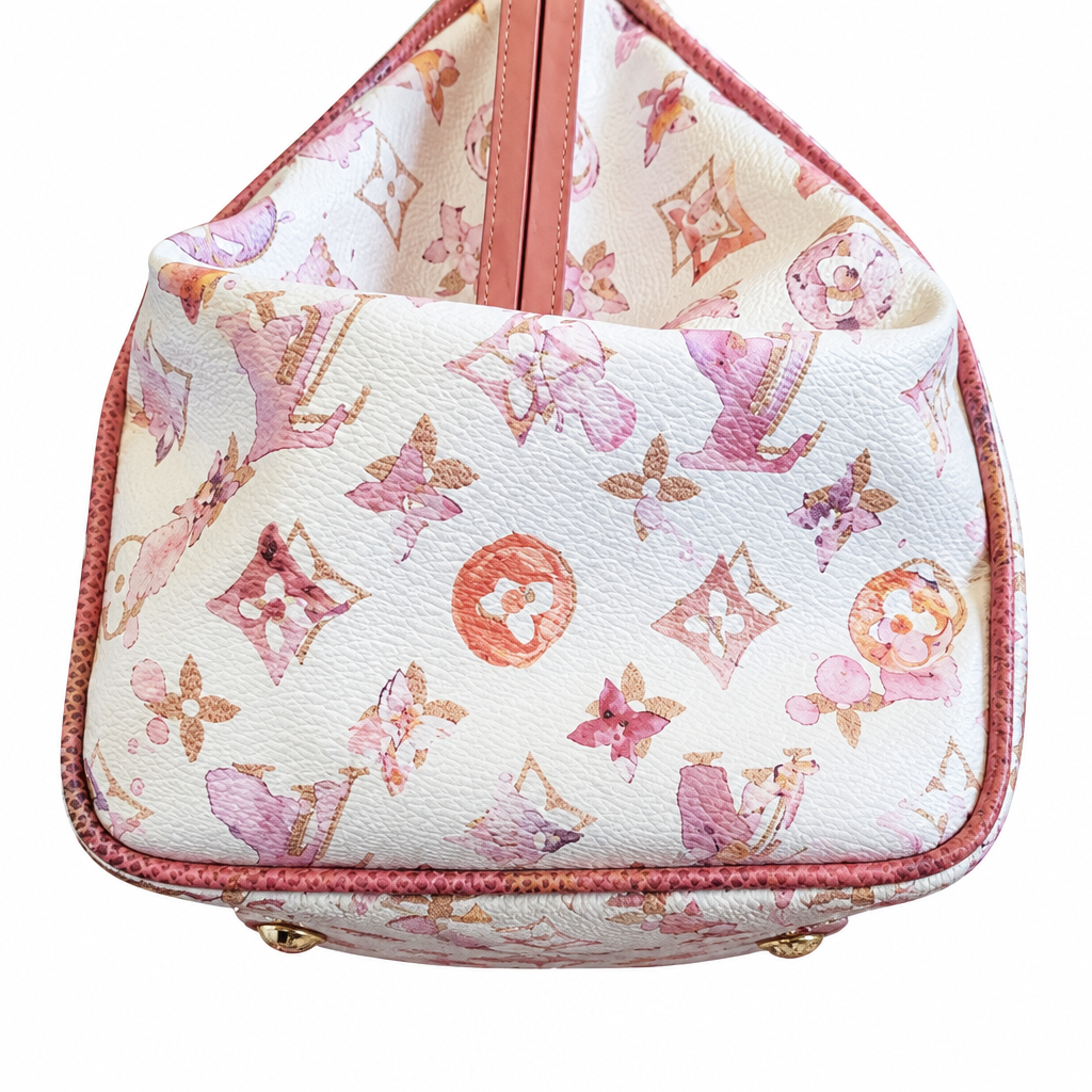 A close-up of a Louis Vuitton handbag in their signature monogram canvas, featuring a pink and orange watercolor-style floral pattern on an off-white background, with pink leather trim and a pink shoulder strap. Pre-Owned Louis Vuitton x Richard Prince Limited Edition Monogram Aquarelle Watercolor Frame Speedy 30 – 2008