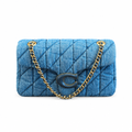 A blue quilted denim shoulder bag with a gold-tone chain strap and a dark blue 'C' logo clasp on a white background. Pre-Owned Coach Quilted Tabby Shoulder Bag 26 – Blue Denim