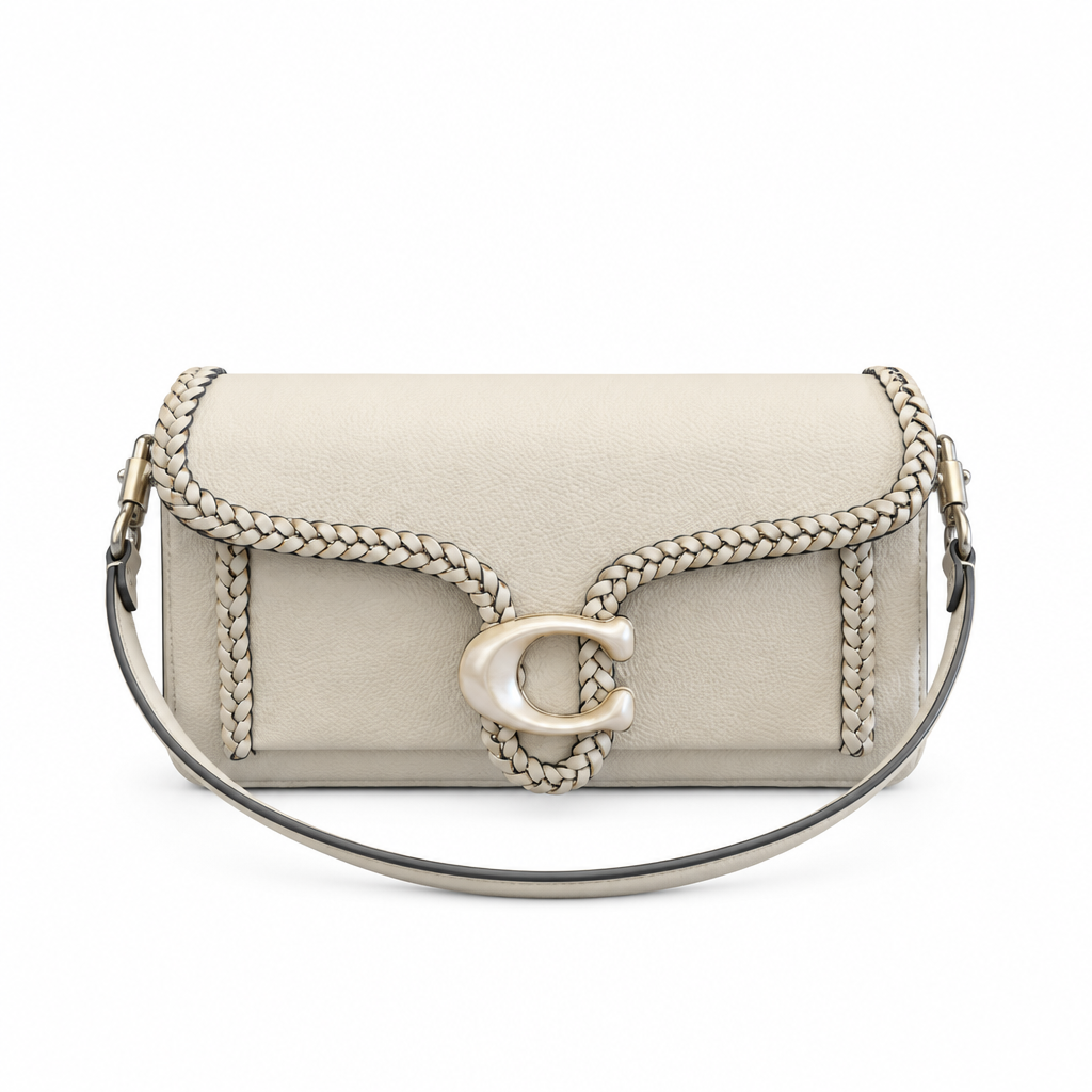 A light beige leather shoulder bag with a signature braided strap detail and a large 'C' logo clasp, shown on a plain white background. Pre-Owned Coach Tabby Braided Leather Shoulder Bag – Beige