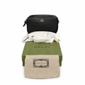 A black textured leather Gucci shoulder bag with a gold interlocking GG logo, displayed with its green Gucci box, white dust bag, and beige dust bag on a white background. Pre-Owned Gucci GG Marmont Black Leather Camera Crossbody Bag – Gold Hardware