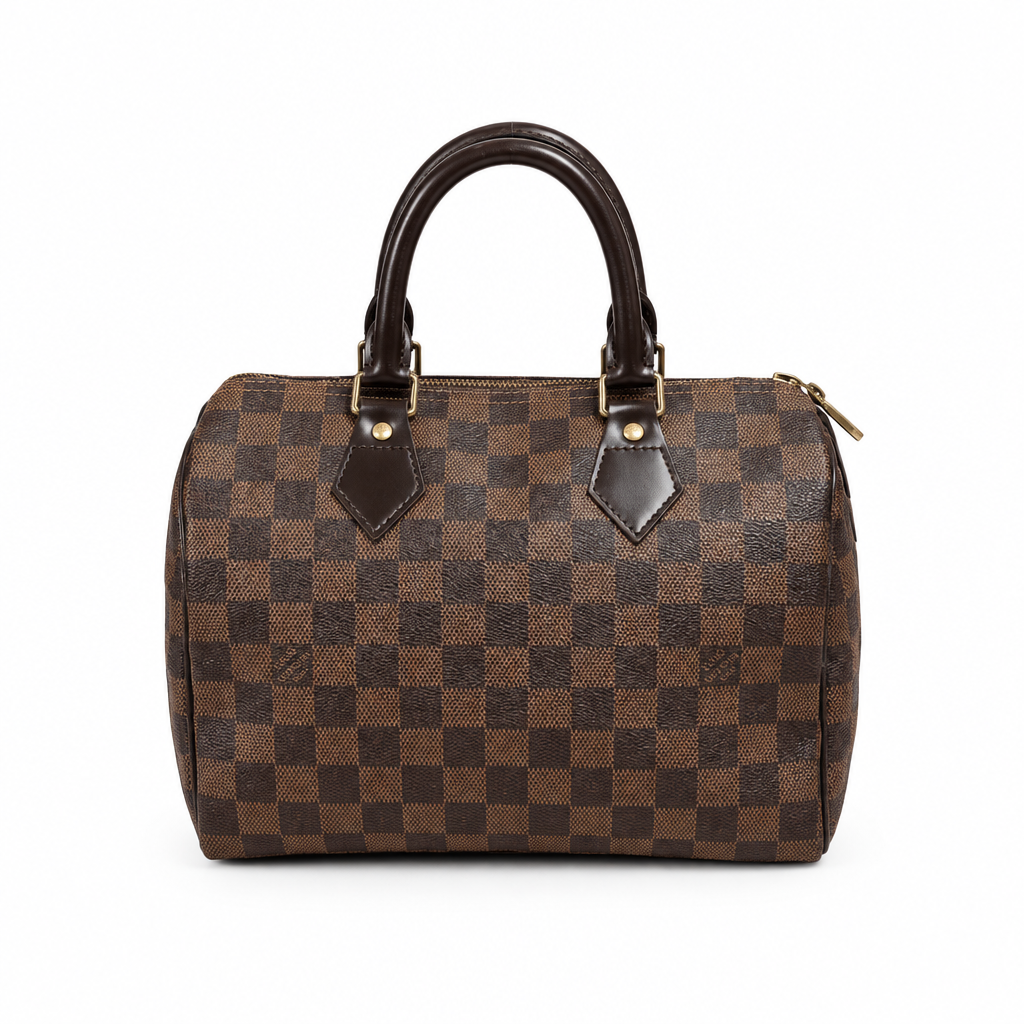 Louis Vuitton Damier Ebene canvas handbag with dark brown leather handles and trim, featuring the brand's signature checkered pattern and gold-tone hardware, photographed on a clean white background. Pre-Owned Louis Vuitton Speedy 25 Damier Ebene Coated Canvas Bag DU4151