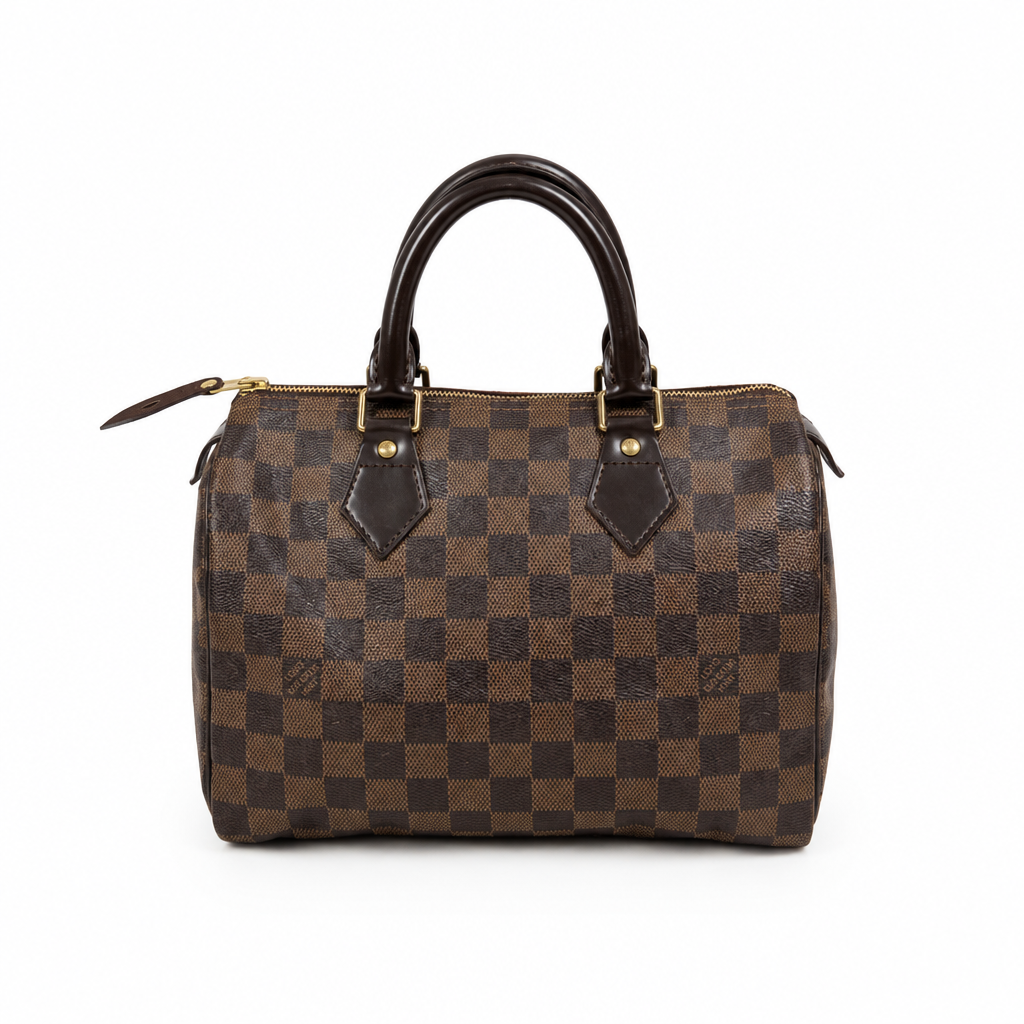 A Louis Vuitton Speedy handbag in Damier Ebene canvas, featuring a brown and dark brown checkerboard pattern, dark brown leather handles and trim, and gold-tone hardware, photographed on a solid white background. Pre-Owned Louis Vuitton Speedy 25 Damier Ebene Coated Canvas Bag DU4151