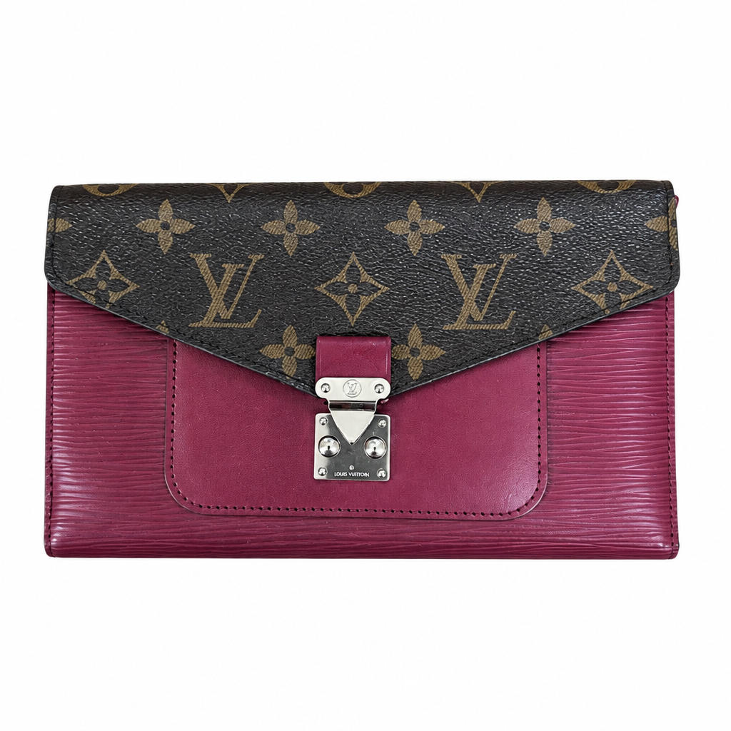 Louis Vuitton monogram flap wallet in dark brown coated canvas and magenta Epi leather, featuring a silver-tone metal lock. Pre-Owned Louis Vuitton Portefeuille Marie-Rose Clutch Wallet – Fuchsia Epi Leather & Monogram Canvas