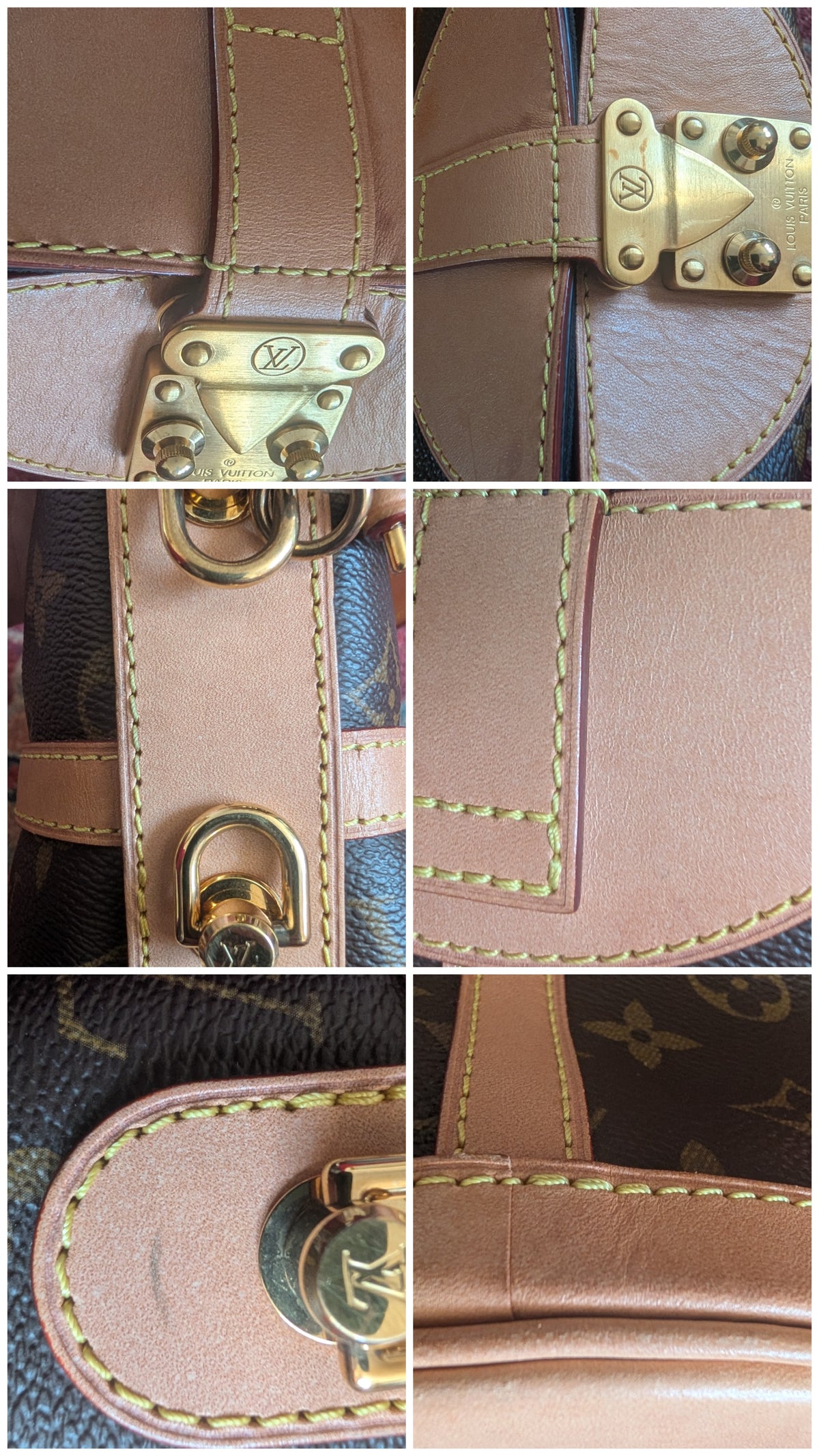 A six-panel collage showing close-up details of a Louis Vuitton handbag, including the signature LV monogram canvas, light tan leather trim with yellow stitching, and gold-tone hardware. Pre-Owned Louis Vuitton Duffle Bucket Monogram Canvas - Full Set