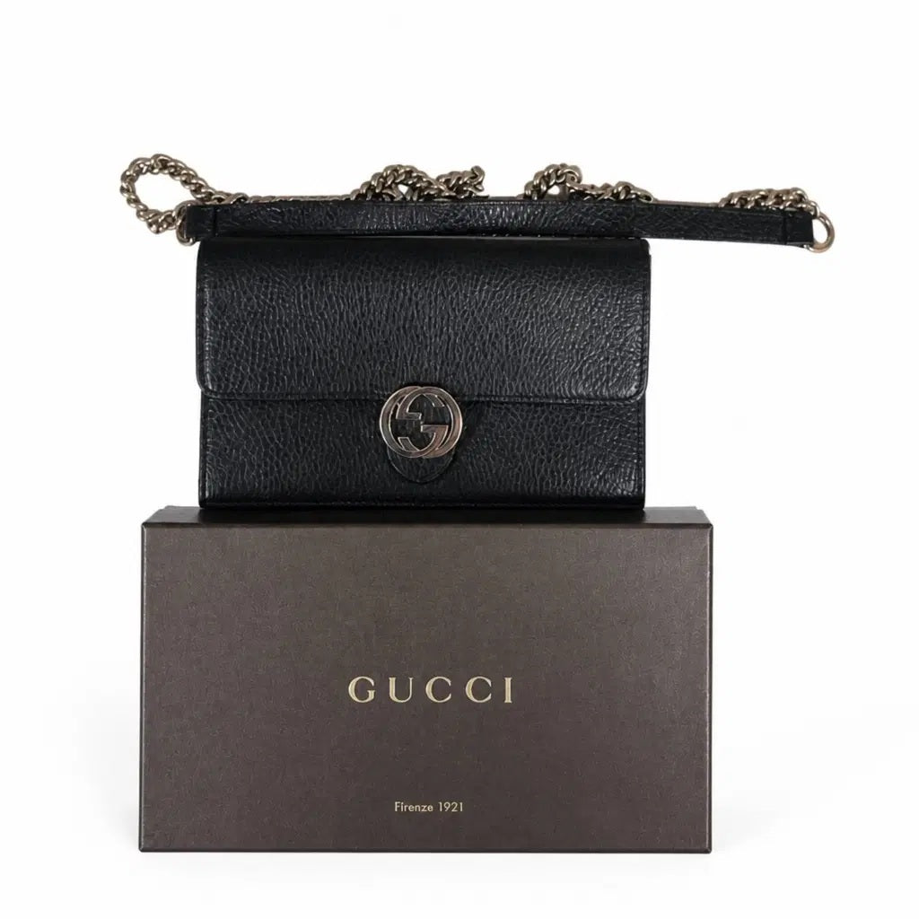 Pre-Owned Gucci Interlocking G Wallet on Chain – Black Leather fulll set