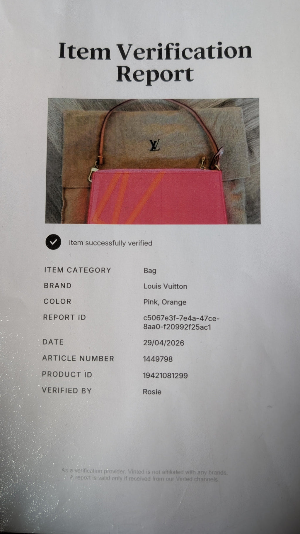 Certificate of authenticity for Pre-owned Louis Vuitton Robert Wilson Pink  Pochette
