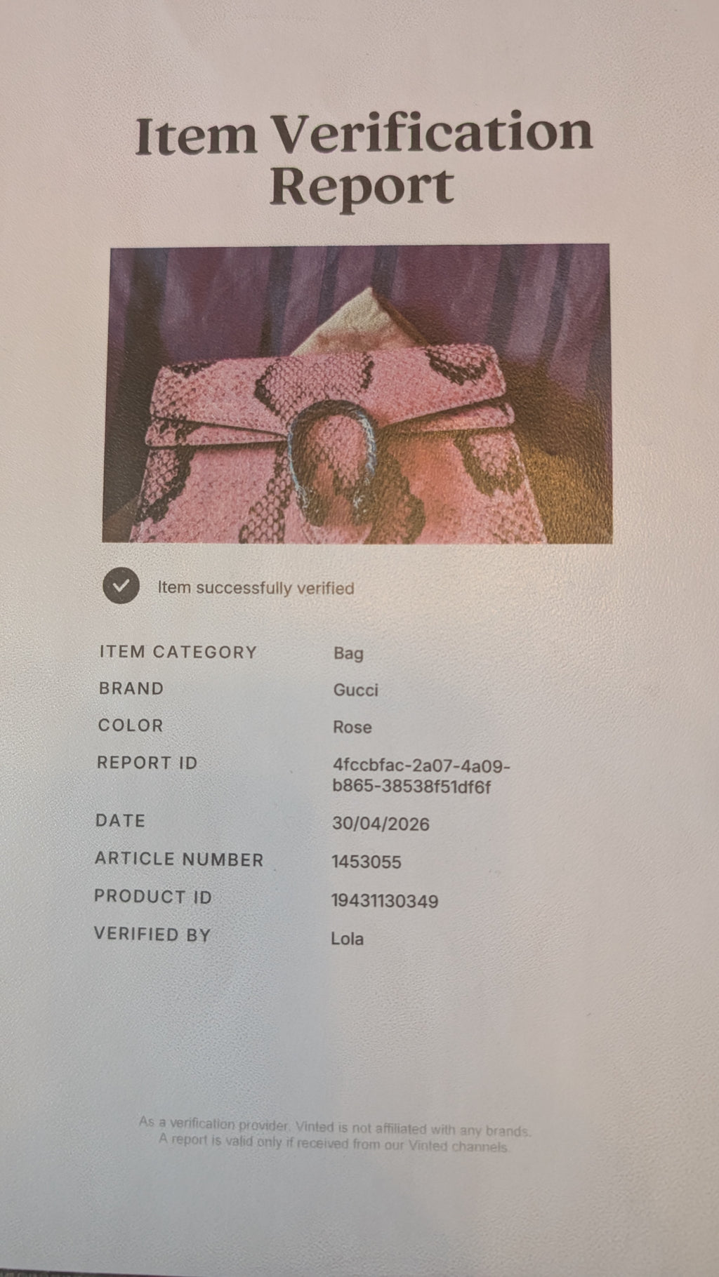 Certificate of authenticity for Pre-Owned Gucci Dionysus Python Mini Pink Bag