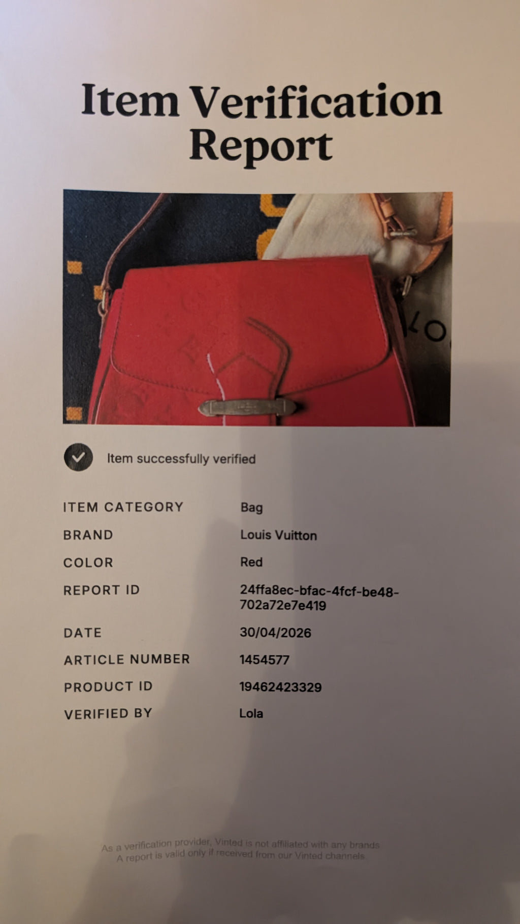 certificate of authenticity for Pre-owned Louis Vuitton Bellflower Red Bag