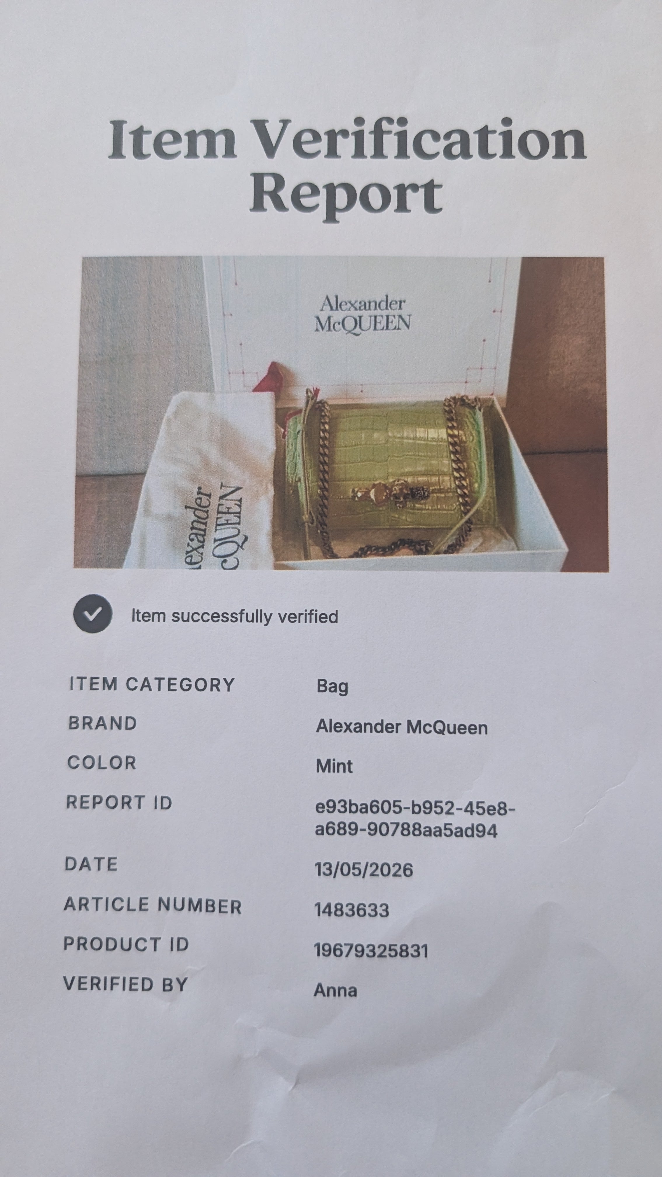 Certificate of authenticiy for Pre-Owned Alexander McQueen Skull Jewelled  Croc-Embossed Chain Shoulder Bag