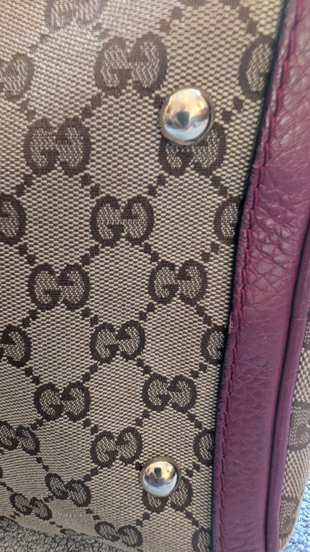 bottom of Pre-Owned Gucci Brown GG Canvas/Pink Striped Boston Bag