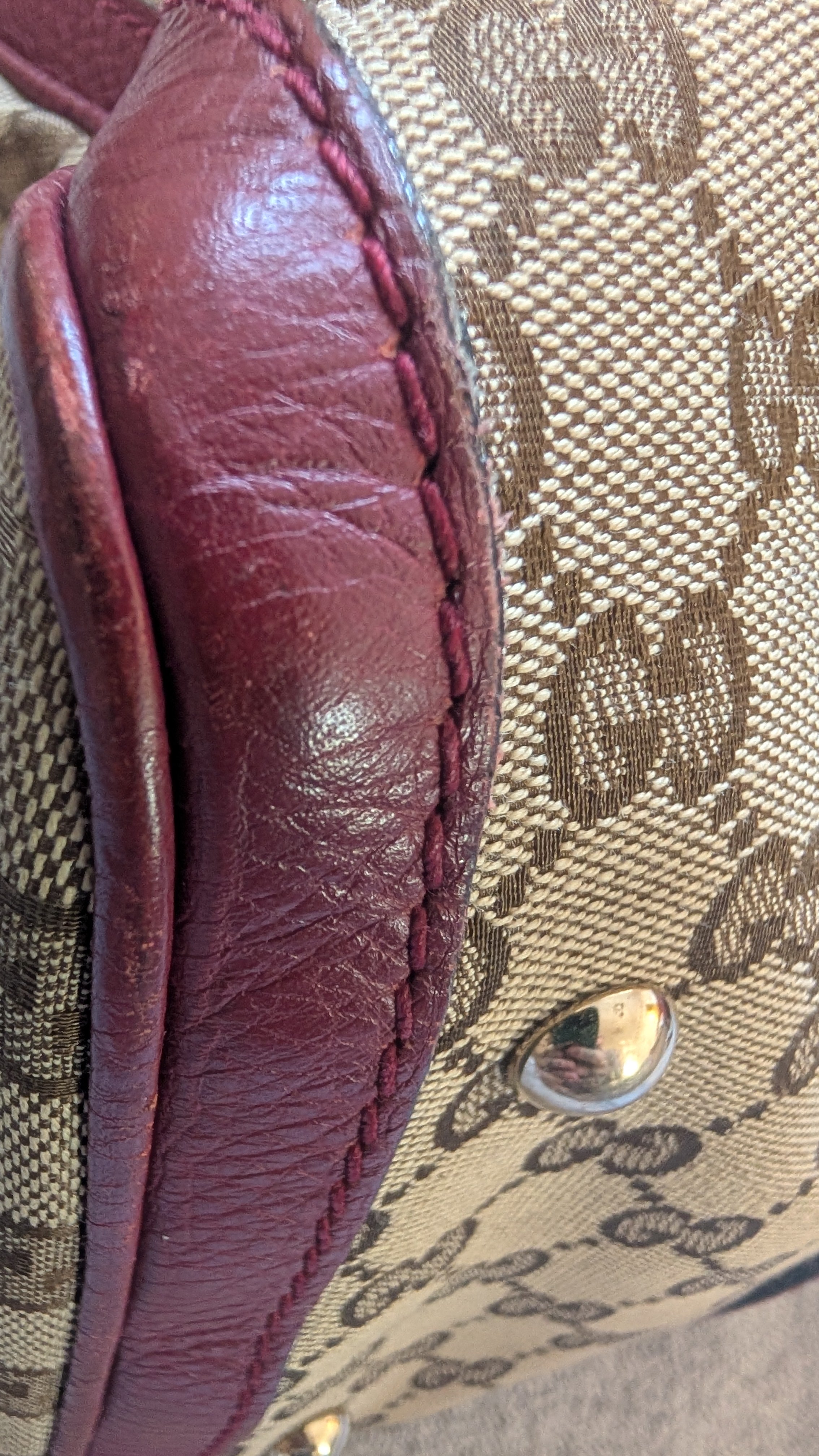 1 corner of Pre-Owned Gucci Brown GG Canvas/Pink Striped Boston Bag