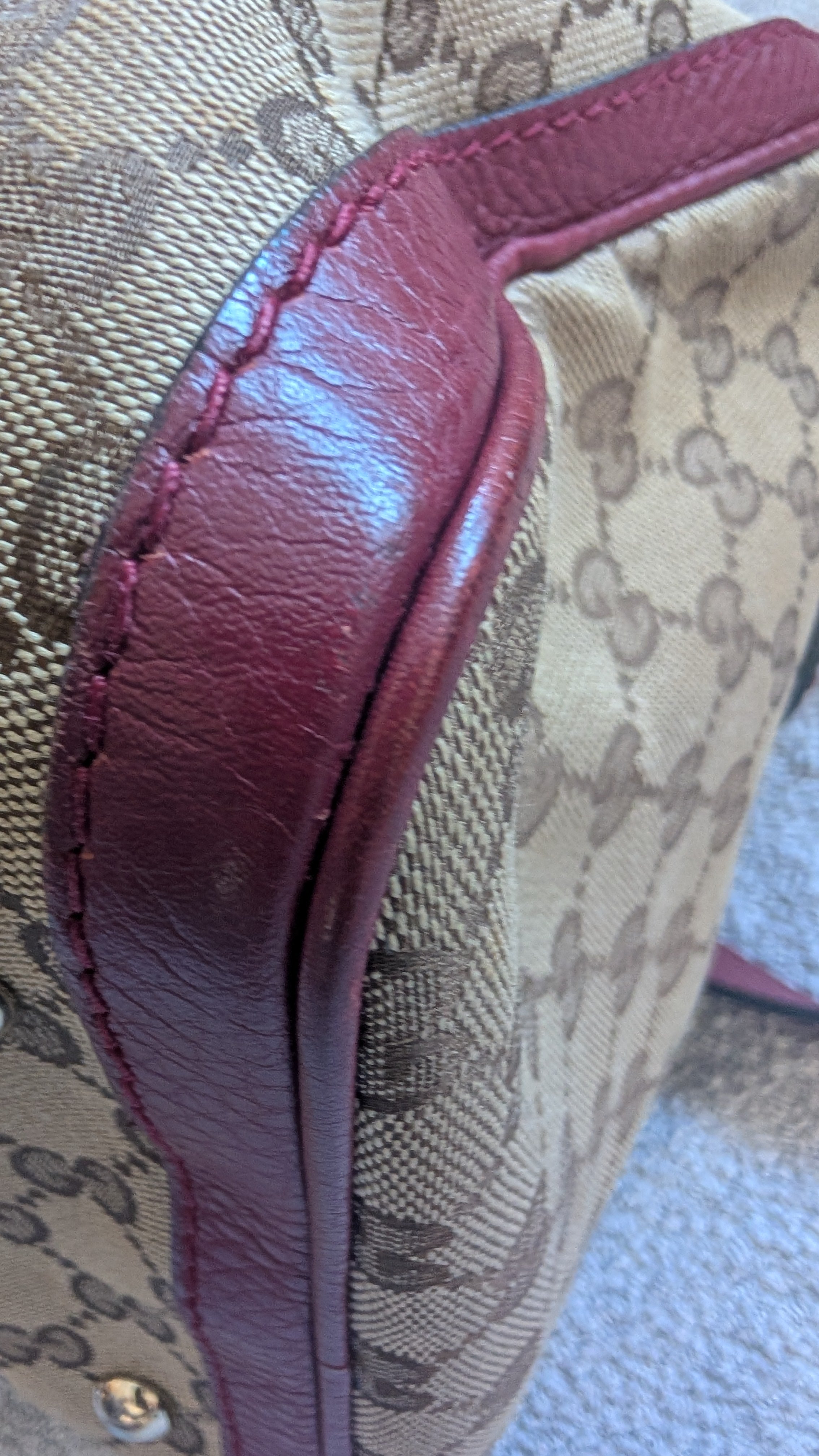 second corner of Pre-Owned Gucci Brown GG Canvas/Pink Striped Boston Bag