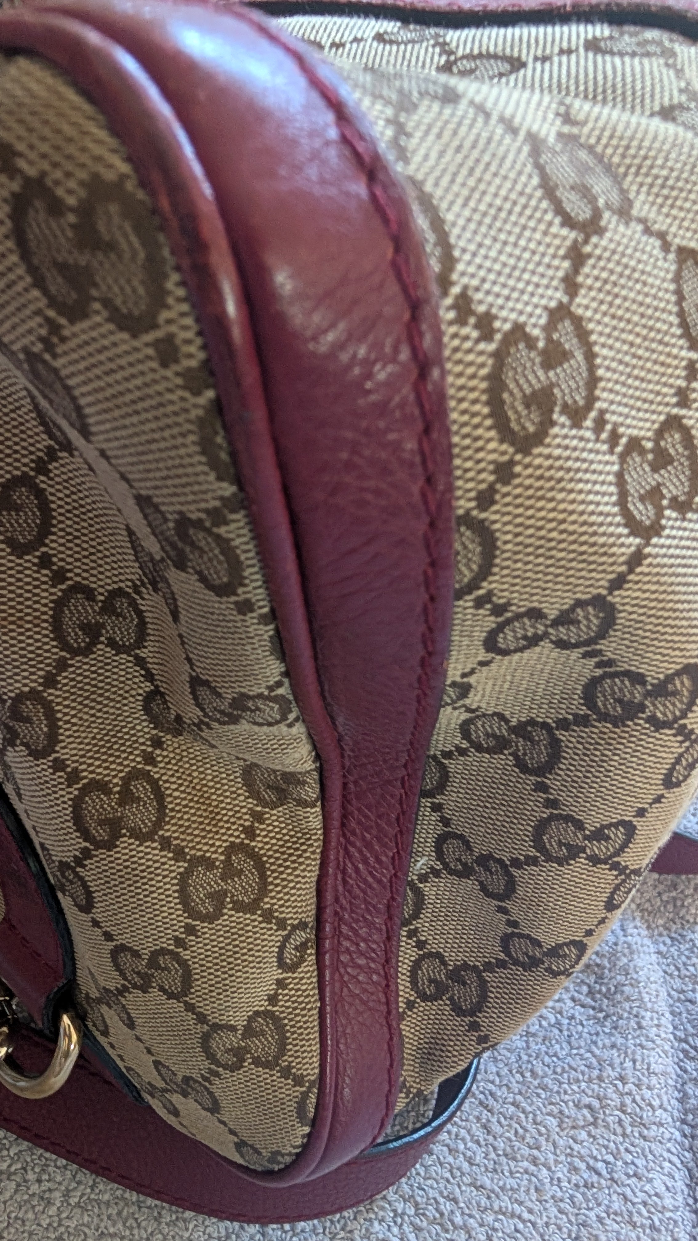 fourth corner of Pre-Owned Gucci Brown GG Canvas/Pink Striped Boston Bag