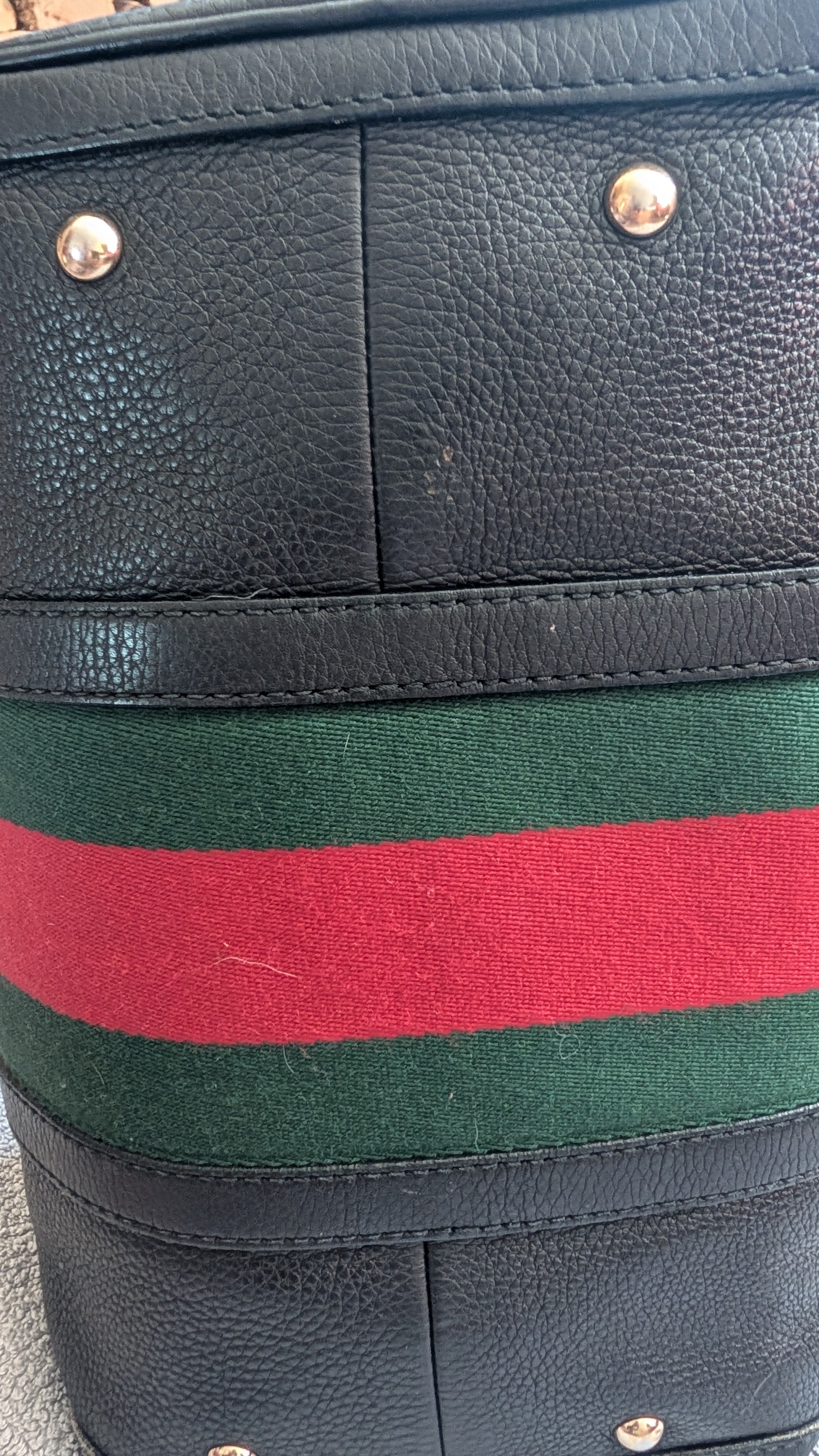 bottom of Pre-Owned Gucci Black Leather Striped Boston Bag with Strap